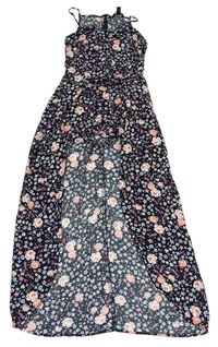 Černý květovaný lehký kraťasový overal s maxi sukní zn. New Look