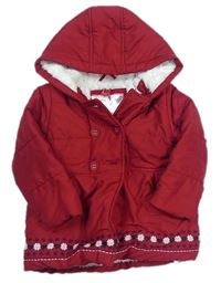 Tmavočervený šusťákový zimní kabát s vločkami a srdíčky a kapucí zn. Mothercare