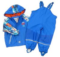 2set - Modro-modrozelená nepromokavá jarní lehce zateplená bunda s kapucí a kytarami + modré laclové kalhoty zn. Lupilu