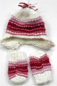 Set- Bílo-růžová pletená čepička s pruhy + rukavičky zn. Marks&Spencer