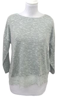 Dámský šedo-světlemodrý melírovaný lehký svetr s krajkou zn. New look 