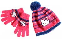 Nové - 2set - Růžovo-modrá pruhovaná čepička+rukavičky s Kitty zn. Sanrio