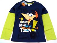 Nové - Tmavomodro-limetkové triko s Phineasem zn. Disney 
