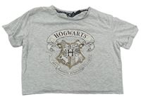 Šedé melírované crop tričko s potiskem - Harry Potter