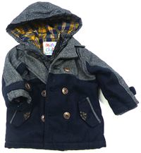 Šedo-tmavomodrý vlněný zimní kabát s kapucí zn. Miniclub 