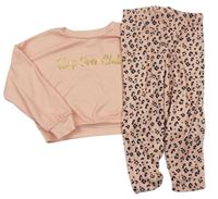 Korálové úpletové pyžamo s nápisem a leopardím vzorem zn. Matalan