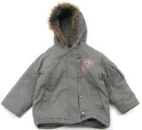 Khaki plátěná zimní bundička s kapucí a kytičkami 