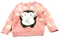 Růžový třpytivý svetr s vločkami a tučňákem zn. F&F