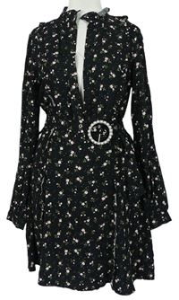 Dámské černé kytičkované košilové šaty s páskem zn. H&M