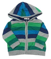 Modro-zeleno-šedý pruhovaný podšitý propínací svetr s kapucí zn. Bluezoo