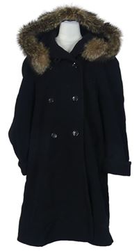 Dámský černý vlněný kabát s kapucí s kožíškem zn. Laura Lebek 