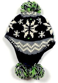 Tmavomodro-šedo-smetanová vzorovaná pletená čepice s bambulemi zn. F&F, 2-4 roky