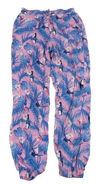 Růžovo-modré letní kalhoty s listy a ptáčky zn. Alive