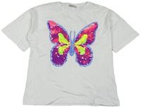 Bílé oversize tričko s motýlkem z flitrů zn. Matalan