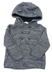 Tmavomodro-bílý melírovaný propínací svetr s kapucí s oušky zn. lupilu