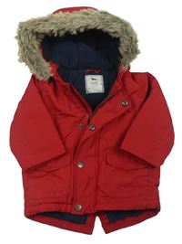 Červená šusťáková zateplená bunda s kapucí s kožíškem zn. Next