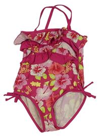 Růžové květované jednodílné plavky s volány zn. Matalan