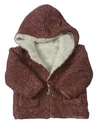 Hnědo-starorůžový melírovaný vlněný propínací zateplený svetr s kapucí zn. Nutmeg