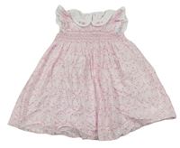 Bílo-růžové kytičkované plátěné šaty s volánky s madeirou a límečkem zn. M&Co