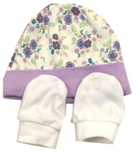 2 set - Bílo-fialová květovaná čepice + rukavičky 