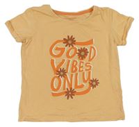 Oranžové tričko s nápisem a kytkami zn. Primark