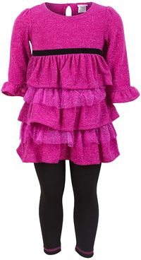 2set - Růžová třpytivá svetrová tunika s volánky + černé legínky zn. Youngland - nové