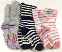 3x Šedo-bílo/růžovo/tmavomodré pruhované ponožky zn. GAP