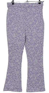 Dámské lila kytičkované zvonové kalhoty s páskem zn. Primark 