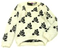 Bílo-černý chlupatý svetr s květy zn. F&F