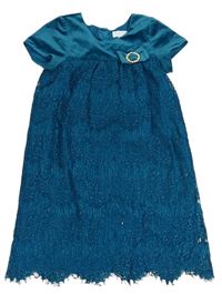 Modrozelené krajkovo/sametové slavnostní šaty s mašlí s broží zn. CAMILLA