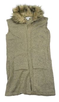 Béžovo-šedá melírovaná propínací svetrová vesta/cardigan s kožešinovým límcem zn. PRIMARK