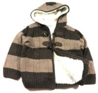 Hnědo-béžový pruhovaný propínací zateplený svetřík s kapucí zn. Marks&Spencer