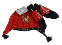 2set - Červená/černá pletená oboustranbná ušanka se Spider-manem + rukavice zn. Marvel