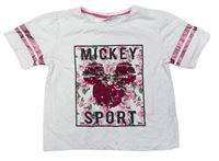 Bílé tričko s květy a Mickeym z překlápěcích flitrů zn. Primark