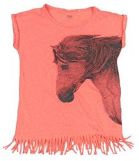 Neonově oranžové tričko s koněm a třásněmi zn. Yigga