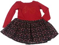 Červeno-černé šaty s kytičkami a mašlí 