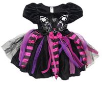 Kostým - Černo-růžovo-fialovo-tmavorůžové šaty s kočičím čumáčkem zn. Tu