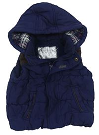 Tmavomodro-hnědá šusťákovo/semišová zateplená vesta s kapucí zn. Mothercare