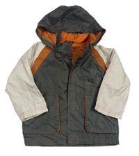 Khaki-světlebéžovo-tmavooranžová šusťáková jarní bunda s kapucí zn. Mothercare