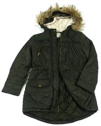 Khaki prošívaný šusťákový zimní kabát s kapucí s chlupy zn. Matalan