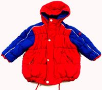 Červeno-modrá šusťáková zimní bunda s výšivkou 