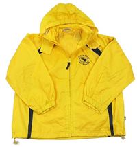 Žluto-tmavomodrá šusťáková sportovní jarní bunda s medvídky a nápisy a ukrývací kapucí zn. alive