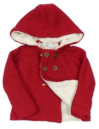 Červený propínací zateplený svetr s kapucí zn. M&S