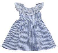 Modro-bílo-stříbrné pruhované šaty s výšivkou a volánkem s madeirou zn. M&Co