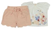 2set - Smetanové tričko s korály a rybami + růžové třpytivé podšité kraťasy zn. Mothercare