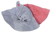 2x Růžový mušelínový klobouk + Modro-bílá pruhovaná kšiltovka s kočičkou zn. F&F