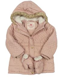 Světlerůžový prošívaný šusťákový zimní kabát s kapucí s kožešinou + rukavice zn. George