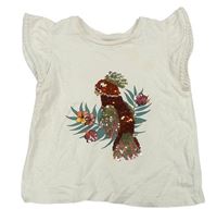 Krémové tričko s papouškem s překlápěcími flitry zn. C&A