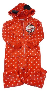 Červeno-bílá puntíkatá chlupatá kombinéza s Minnie a kapucí zn. Disney 