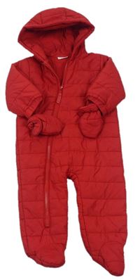 Červená šusťáková zimní kombinéza s kapucí + rukavice zn. Next
